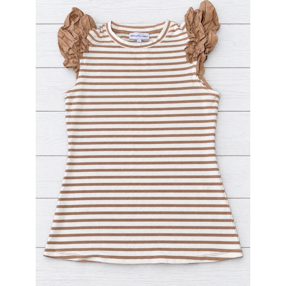 Gibson Latimer Striped Ruffle Sleeve Top Ribbed Cotton Blend Tan Cream Small